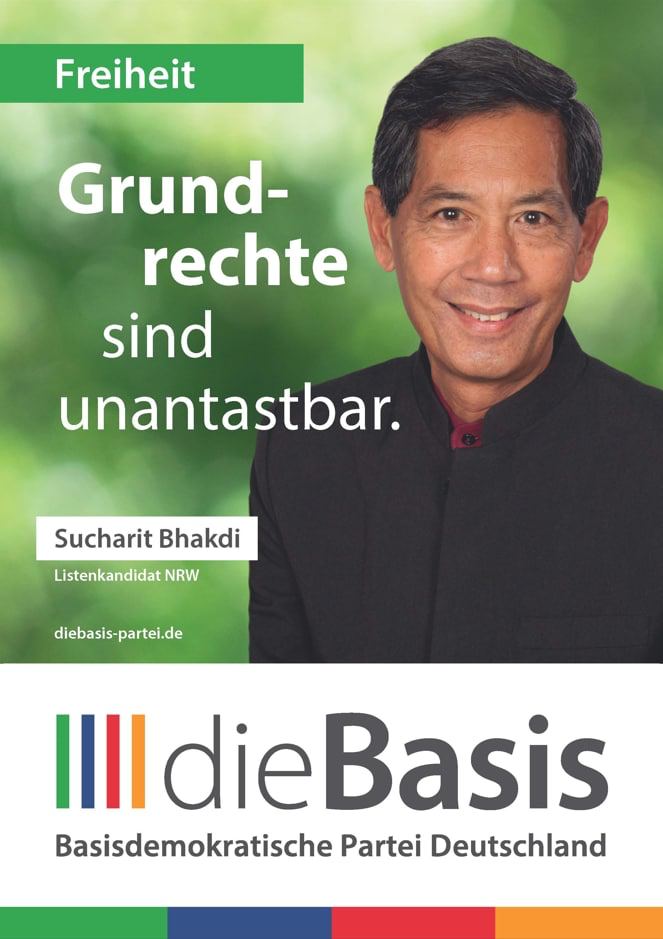 Affiche de campagne de Sucharit Bhakdi pour Die Basis, avec le slogan "Droits fondamentaux et intouchables".